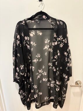 Black Sheer Floral Kimono Top with Pale Pink Blossoms